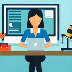  Kobieta przy komputerze, praca, studia. Wygenerowane AI. - obrazy, fototapety, plakaty