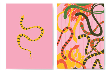 Set of posters with snakes, cacti and flowers. Reptiles with desert plants. Vector snakes in a minimalist style.
