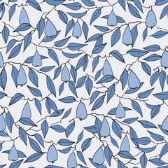 Fototapeta premium Seamless pattern in Toile de Jouy style with pears and leaves in blue colors on light-colored backgroud for surface design, textile, fabric, home decor, surface design, posters, illustrations