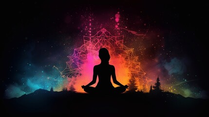 A woman sitting in the lotus pose in yoga and her connection to the universe. Generative AI.