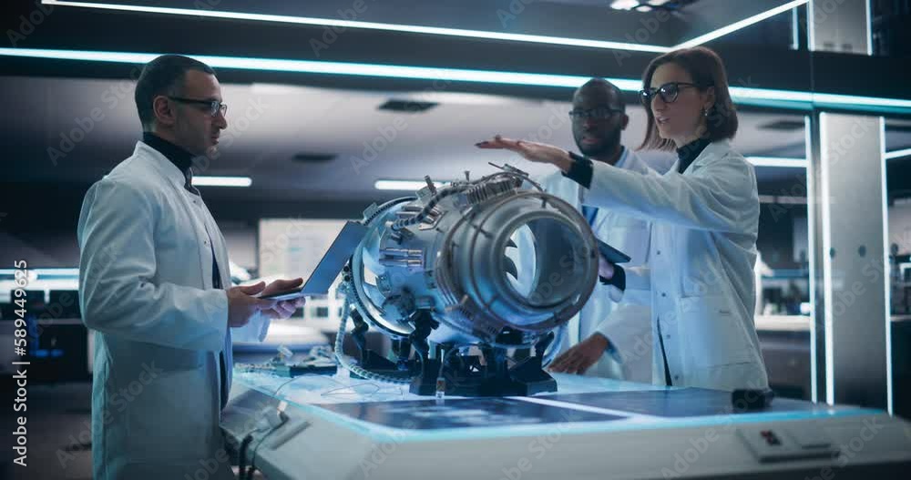 Poster Diverse Multiethnic Team of Industrial Engineers Gathered Around a Table With an Innovative Turbine Engine. Scientists Use Tablet Computer to Research, Develop and Program the Futuristic Motor