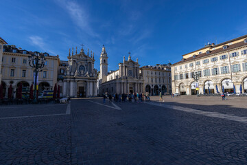 Fototapeta na wymiar TORINO (TURIN), ITALY, MARCH 25, 2023 - View of Santa Cristina and San Carlo Borromeo church in San Carlo square, Torino, Italy