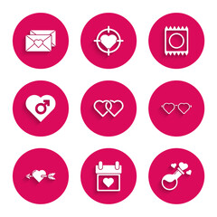 Set Two Linked Hearts, Calendar with heart, Bottle love potion, shaped glasses, Amour and arrow, male gender, Condom package and Envelope Valentine icon. Vector