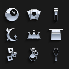 Set Crown, Bottle with love potion, Magic hand mirror, Magician hat, Game dice, Moon stars, and ball of predictions icon. Vector
