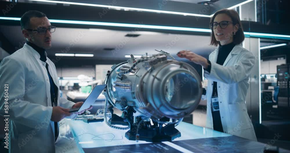 Poster professional multicultural team of female and male engineers working on industrial jet turbine in a 
