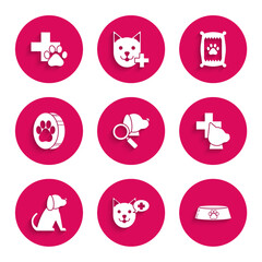 Set Veterinary clinic symbol, Pet food bowl for cat or dog, Dog, Paw print, Bag of and icon. Vector