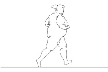One continuous line. Fat woman on a run. The fat woman goes in for sports. The woman is trying to lose weight. Obesity. Jogging on the street.One continuous line drawn isolated, white background.