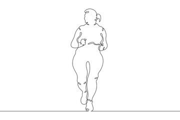 One continuous line. Fat woman on a run. The fat woman goes in for sports. The woman is trying to lose weight. Obesity. Jogging on the street.One continuous line drawn isolated, white background.