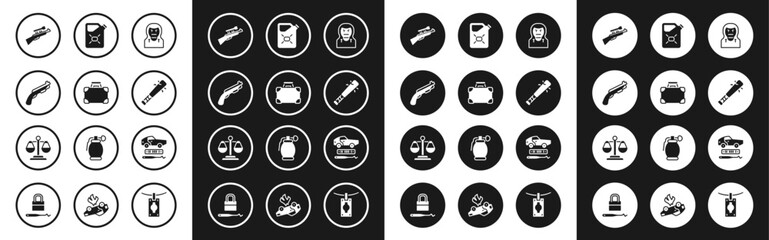 Set Thief mask, Briefcase and money, Police shotgun, Sniper rifle with scope, Baseball bat nails, Canister fuel, Car theft and Scales of justice icon. Vector