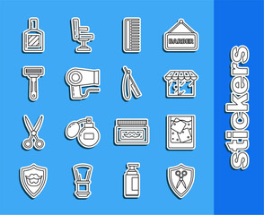 Set line Scissors hairdresser and shield, Glass of whiskey ice cubes, Barbershop building, Hairbrush, dryer, Shaving razor, Aftershave and Straight icon. Vector