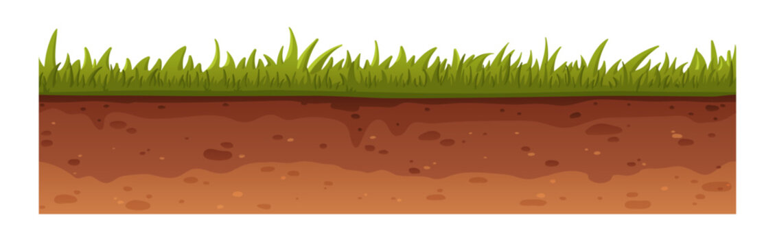 Green grass and ground cross-section, seamless underground level texture. Cutaway, cut lawn surface and soil, earth subterranean layers. Flat graphic vector illustration isolated on white background