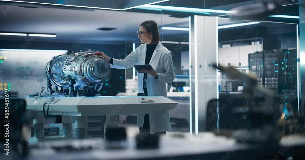 Poster Chief Engineer Using Tablet Computer, Analyzing and Researching How a Futuristic Turbofan Motor Works. Female Scientist Developing Innovative Technology in Industrial High Tech Facility