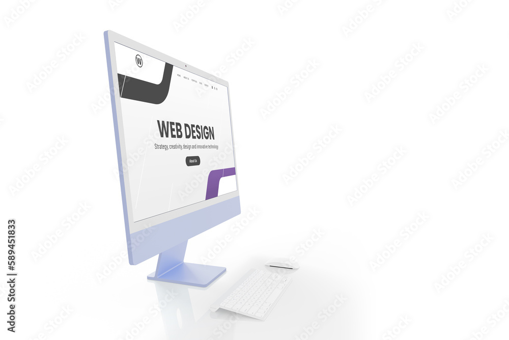 Poster Web design studio concept with modern display and web design web page interface isolated on white. Keyboard and mouse beside