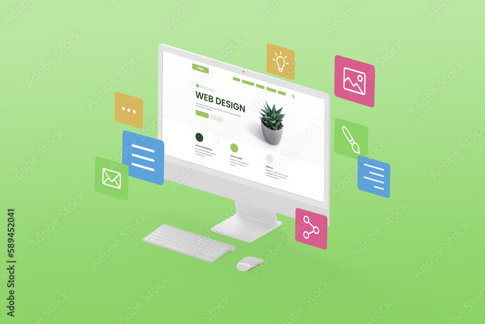 Poster Designing a creative website concept. Display in isometric position with web page modules flying around the display on a green background