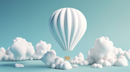 An adventurous hot air balloon exploring a colorful world on a white and blue background. Generative AI