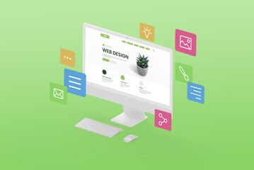 Designing a creative website concept. Display in isometric position with web page modules flying around the display on a green background