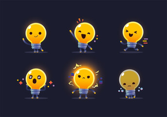 Cute light bulb character stickers illustration with various happy expression activity mascot collection set