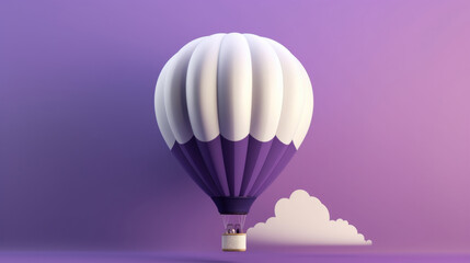 Fototapeta premium A colorful hot air balloon taking flight over a bright landscape on a vibrant purple background. Generative AI
