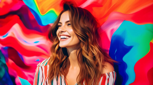 A studio portrait of a beautiful smiling woman with glowing skin, in front of colorful abstract background. Generative AI image.