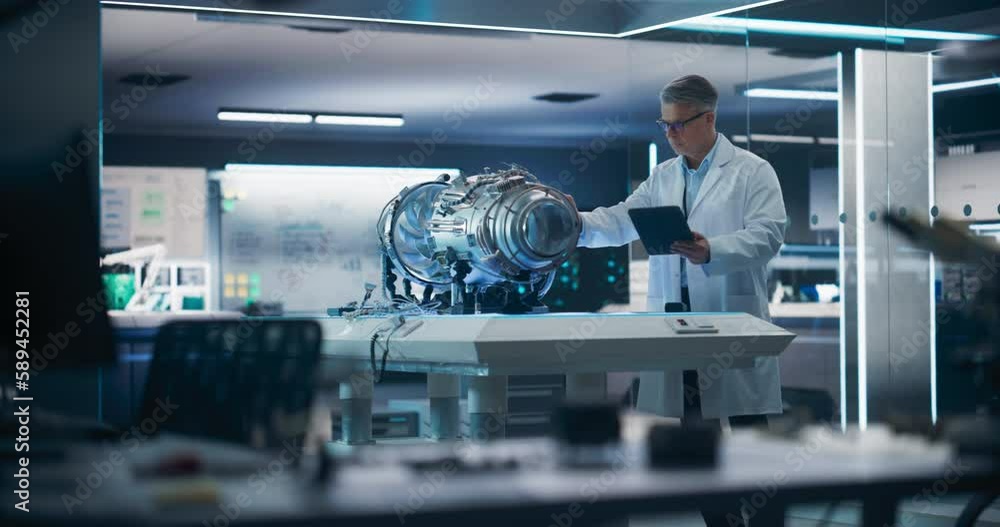 Poster Jet Engine Specialist Working on a Project with Futuristic Turbine Motor, Standing with Tablet Computer in Scientific Technology Lab. Middle Aged Science Professor Developing a Futuristic Engine