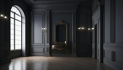 Empty vintage luxury room. Black walls in retro style. Generative AI