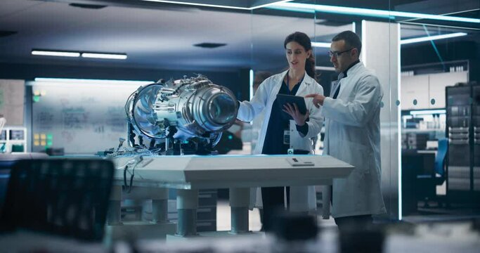 Young Engineers Using Tablet Computer, Collaborating on a New Type of a Electric Turbine Engine, Using Software for Testing Equipment in Scientific Technology Startup