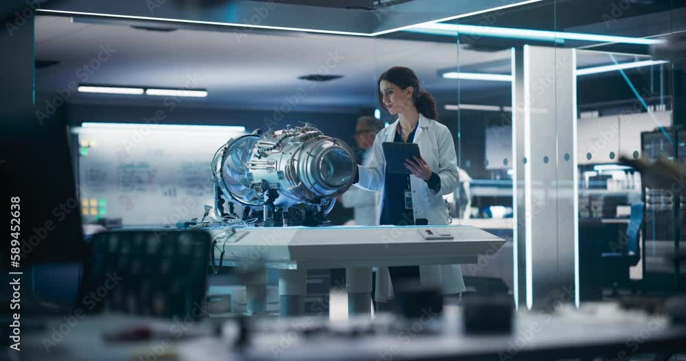 Leinwandbilder beautiful female industrial turbine specialist standing at a table with an innovative invention. eng