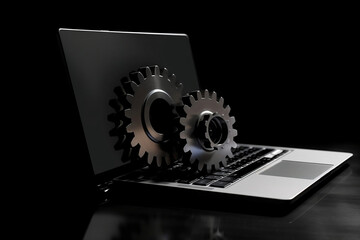 Laptop on dark background with gears, cogs, settings