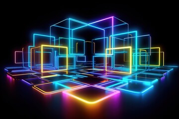 3d abstract neon background, blue yellow square frames sequence, glowing light, holographic technology, ultraviolet spectrum, digital file storage Generative AI