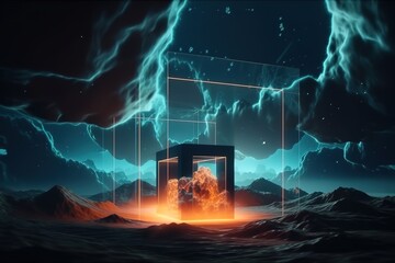 3d rendering. Abstract fantastic neon background. Terrain landscape with glowing square frame, stormy cloud and mountains at night, Generative AI