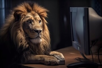 the lion sits in front of the computer  
