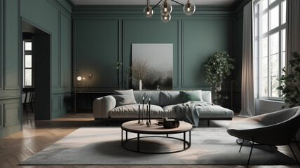 Obraz na płótnie Canvas Light green modern living room with fireplace