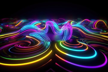 Obraz premium 3d rendering, glowing lines, neon lights, abstract psychedelic background, product showcase template, ultraviolet, rainbow vibrant colors, Generative AI