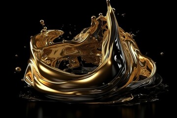 3d rendering, shiny gold liquid splash, metallic wave, swirl, cosmetic oil, golden splashing clip art, artistic paint, abstract design element black background. Luxury beauty concept, Generative AI