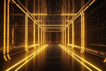 3d render, abstract background, corridor, tunnel, virtual reality space, yellow neon lights, fashion podium, club interior, empty warehouse, floor reflection, Generative AI