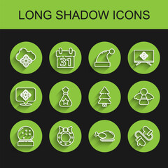 Set line Christmas snow globe with fallen snow, wreath, Cloud, Roasted turkey or chicken, Pair of knitted christmas mittens, Santa Claus bag gift, angel and tree icon. Vector