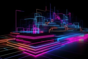 3d render, abstract background, screen pixels, glowing dots, neon lights, virtual reality, ultraviolet spectrum, pink blue vibrant colors, catwalk fashion podium Generative AI