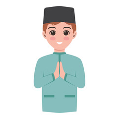 Moslem boy celebrating eid mubarak vector illustration