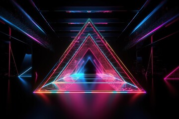 3d render, abstract background, triangle portal, glowing dots, screen pixels, neon lights, virtual reality, pink blue spectrum, vibrant colors, laser show Generative AI