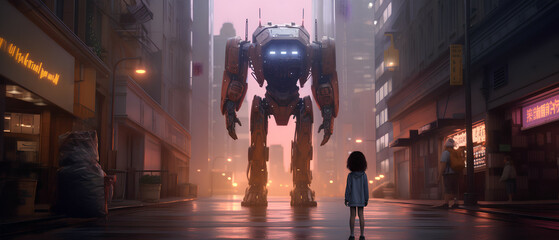 A Little Child and Their Giant Robot in the Futuristic City, Generative AI