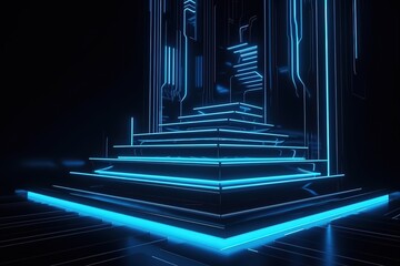 3d render, abstract blue neon background, glowing vertical lines, illuminated stairs, fashion podium, performance stage, Generative AI