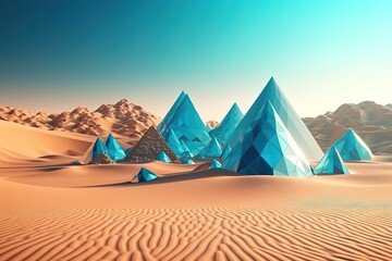 Fototapeta na wymiar 3d render, abstract fantastic background. Desert landscape with sand water and glossy metallic triangles under the clear blue sky, Generative AI