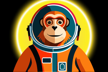An Adorable 2D Illustration Monkey Astronauts Standing in Front Sun, 2d background, Copy Space. An Adorable 2D cartoon Illustration on a Isolated Light Background, 