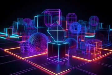 3d render, pink blue neon lines, geometric shapes, virtual space, ultraviolet light, 80's style, retro disco, fashion laser show, abstract background, Generative AI