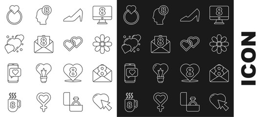 Set line Heart and cursor click, Envelope with 8 March, Flower, Woman shoe, Wedding rings and Two Linked Hearts icon. Vector