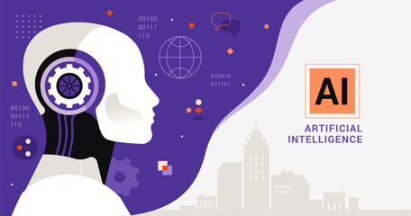 Naklejka premium Artificial Intelligence concept. Vector cartoon illustration in a flat style of a robot head in profile generates various tasks. Isolated on abstract contrast white and blue background with text