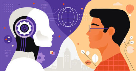 Artificial Intelligence VS Human. Vector illustration in a flat style of the robot and a human heads placed opposite each other on a contrasting background with technical and natural elements - obrazy, fototapety, plakaty