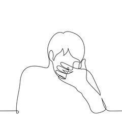 man laughing covering his mouth with his hand - one line drawing vector. concept inappropriate laughter, giggling