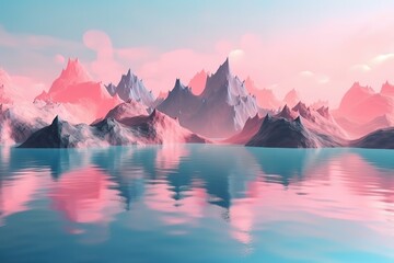 Fototapeta na wymiar 3d render, abstract landscape background. Panoramic scenery. Seascape with calm water and mountains under the pink blue sky, fantasy wallpaper, Generative AI