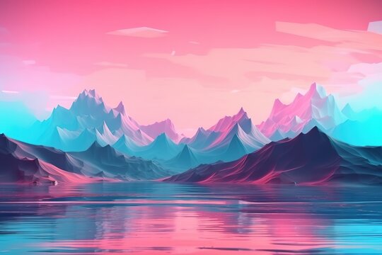3d render, abstract landscape background. Panoramic scenery. Seascape with calm water and mountains under the pink blue sky, fantasy wallpaper, Generative AI